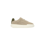Calvin Klein Jeans Baskets en cuir pour homme, en daim beige avec languette arrière vert olive et semelle en caoutchouc blanc.