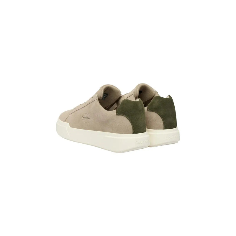 Calvin Klein Jeans men leather sneakers in beige and olive green suede with white rubber sole and beige laces