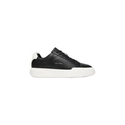 Calvin Klein Jeans Baskets en cuir noir pour homme, avec semelle en caoutchouc blanc et languette au talon en cuir noir.