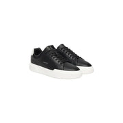 Calvin Klein Jeans Baskets en cuir noir pour homme, semelle en caoutchouc blanc et languette arrière blanche contrastante, vues de l'arrière