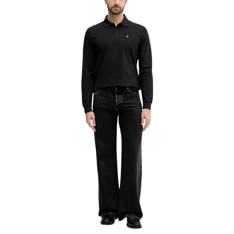 Calvin Klein Jeans Polo homme noir en coton à manches longues avec petit logo brodé sur la poitrine