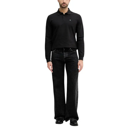 Calvin Klein Jeans Polo homme noir en coton à manches longues avec petit logo brodé sur la poitrine