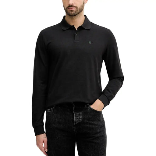 Calvin Klein Jeans Polo homme noir en coton à manches longues avec logo brodé discret sur la poitrine