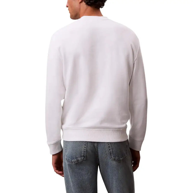 Calvin Klein Jeans Sweat-shirt blanc en coton à col rond pour homme, avec poignets et ourlet côtelés, style ras du cou