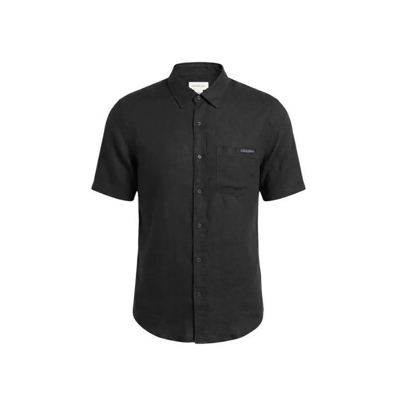 Calvin Klein Jeans Chemise noire à manches courtes pour homme, boutonnée, en tissu légèrement texturé avec logo brodé sur la poitrine
