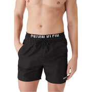 Calvin Klein Jeans men swimwear black swim trunks with white logo branding on waistband and side
