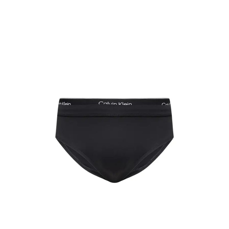 Black Calvin Klein Jeans men swimwear briefs featuring a white logo band and comfortable stretch fabric