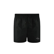 Calvin Klein Jeans men swimwear black swim trunks with subtle embroidered logo on lower right leg for beach use