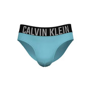 Calvin Klein Jeans men light blue briefs with black waistband and silver lettering swimwear front view