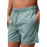 Calvin Klein Jeans men swimwear gray swim trunks with light blue geometric pattern and olive green drawstring
