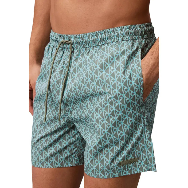 Calvin Klein Jeans men swimwear gray swim trunks with light blue geometric pattern and olive green drawstring
