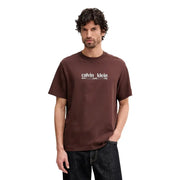 Brown calvin klein t-shirt with white calvin klein new york city logo printed on cotton short sleeve fabric