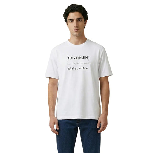 White Calvin Klein cotton t-shirt with black printed logo and signature design for men short sleeve wear