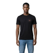 Calvin Klein Jeans hommes noirs t-shirt avec un logo circulaire rose discret sur la poitrine gauche pour une tenue décontractée