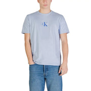 Calvin Klein Jeans men t shirt blue cotton round neck with small embroidered logo on the chest