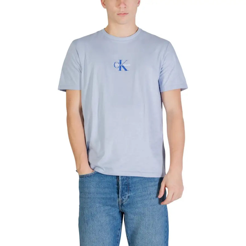 Calvin Klein Jeans men t shirt blue cotton round neck with small embroidered logo on the chest