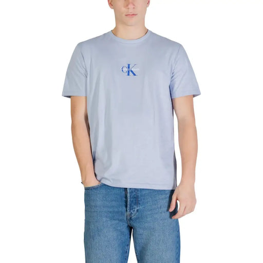 Calvin Klein Jeans men t shirt blue cotton round neck with small embroidered logo on the chest