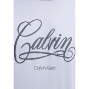 White Calvin Klein jeans men t shirt in cotton with gray cursive Calvin logo and smaller brand name print below