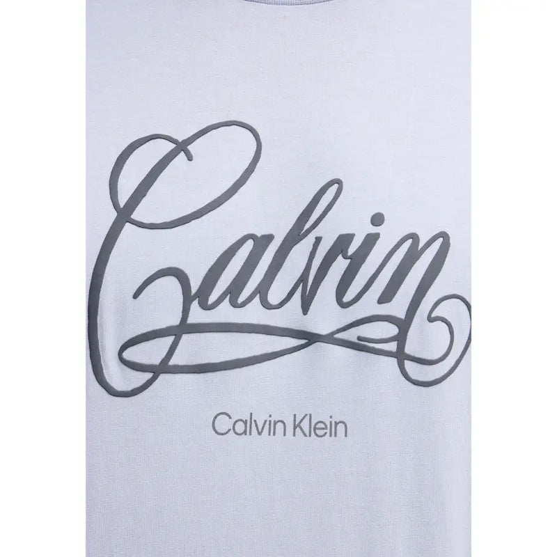 White Calvin Klein jeans men t shirt in cotton with gray cursive Calvin logo and smaller brand name print below