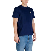 Navy blue Calvin Klein Jeans men t shirt in cotton with a small white logo patch on the left chest front