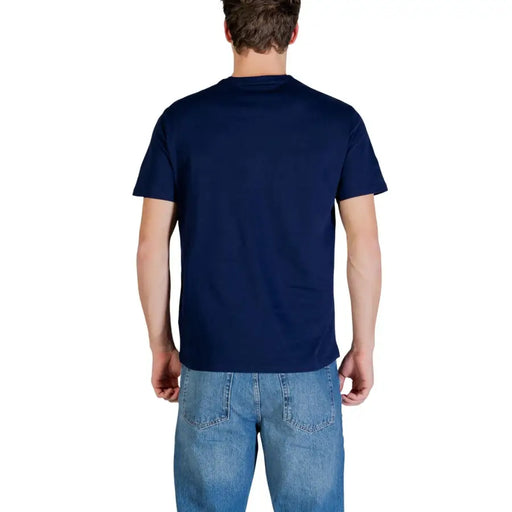 Navy blue Calvin Klein Jeans men t shirt made of cotton with ss badge 30s jersey fabric front side shown