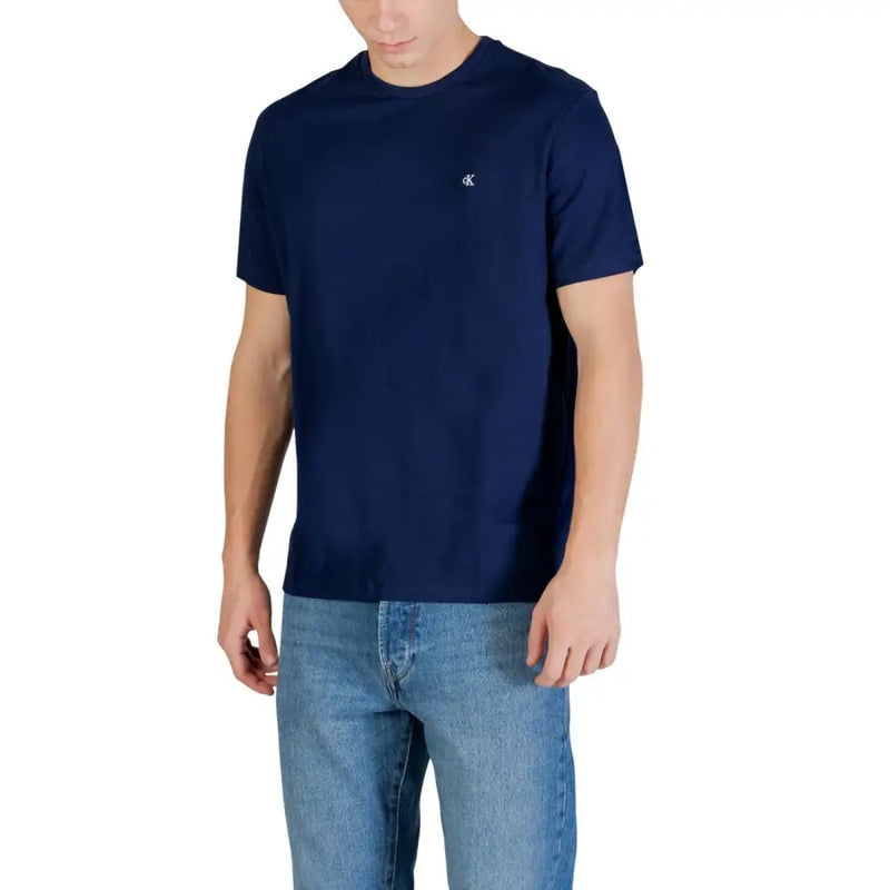 Navy blue Calvin Klein Jeans men t shirt with small white logo on left chest made of 100 percent cotton