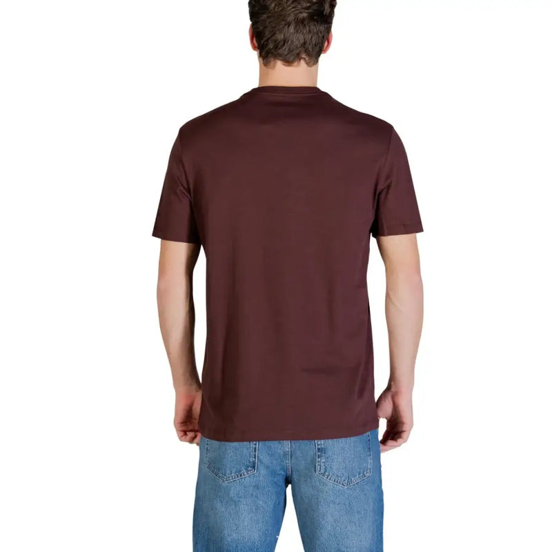 Calvin Klein Jeans men t shirt solid maroon short sleeved cotton crew neck with brown print on front