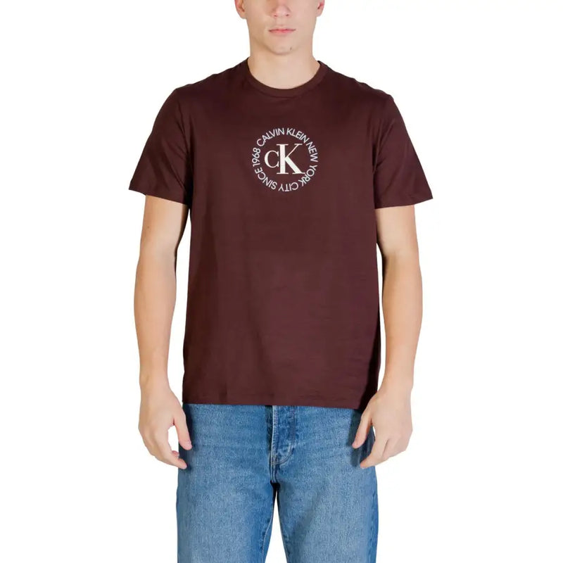 Calvin Klein Jeans men brown cotton round neck t shirt with maroon color and white ck monogram logo print