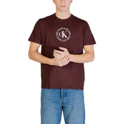 Maroon Calvin Klein Jeans men t shirt brown print cotton round neck with white circular ck monogram logo