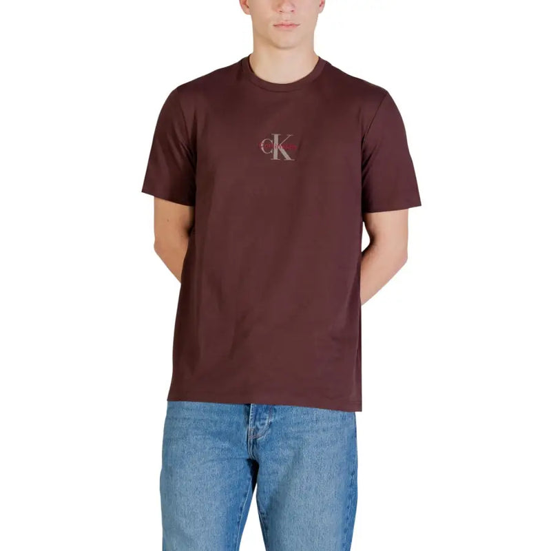 Maroon Calvin Klein Jeans men t shirt brown print cotton round neck with subtle embroidered logo on the chest
