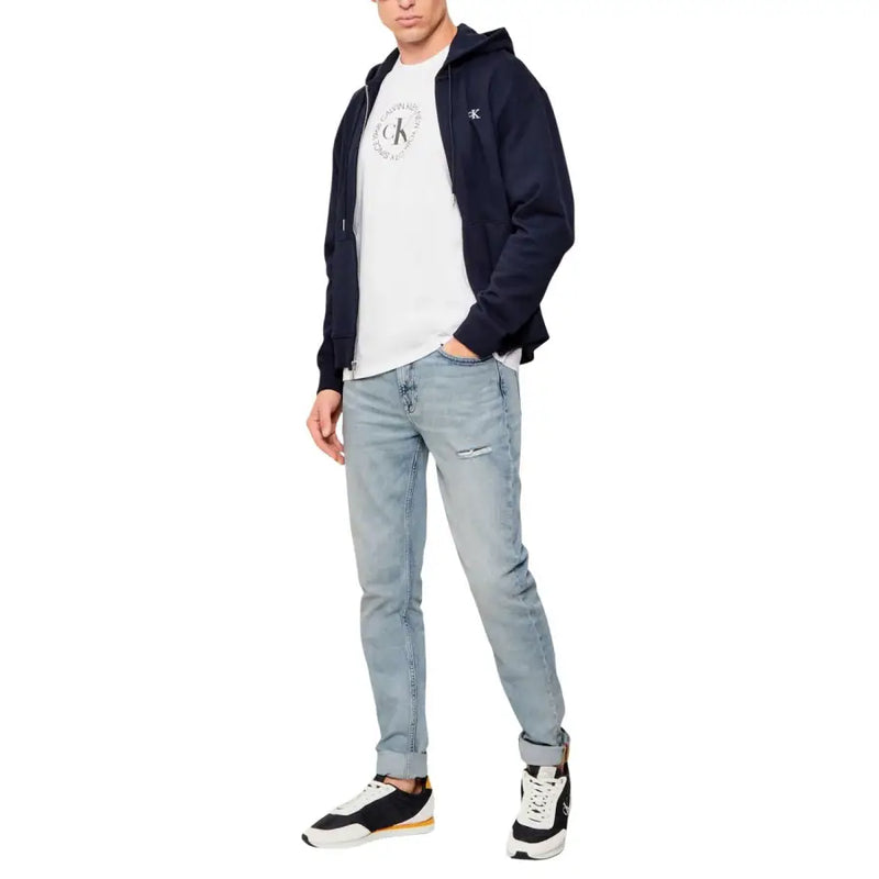 bleu marine Calvin Klein Jeans Sweat à capuche zippé avec logo circulaire blanc sur la poitrine et emblème assorti sur la manche gauche