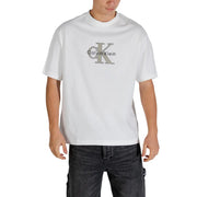 White Calvin Klein Jeans men t-shirt featuring a gray CK logo and brand name printed on the front