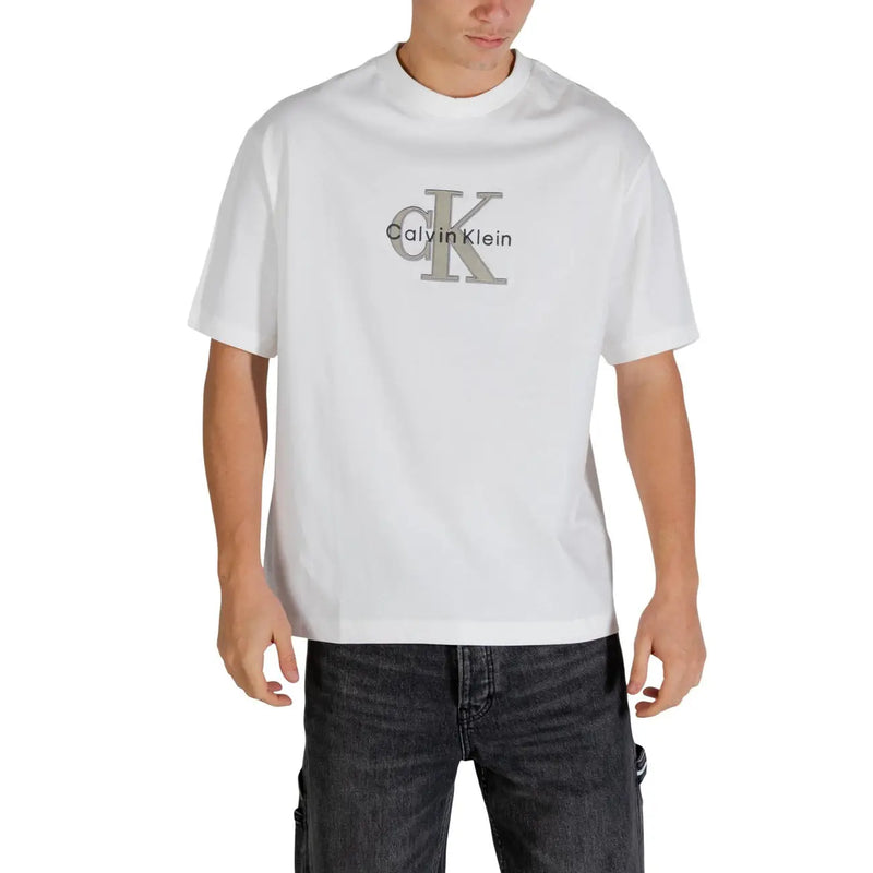 White Calvin Klein Jeans men t-shirt featuring a gray CK logo and brand name printed on the front