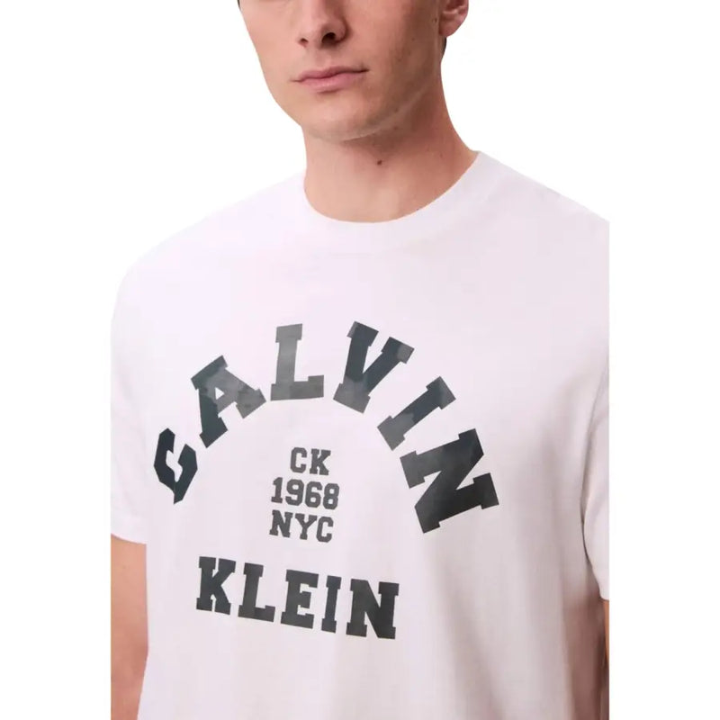 White calvin klein jeans men t shirt in cotton with bold black arched ck 1968 nyc lettering on front
