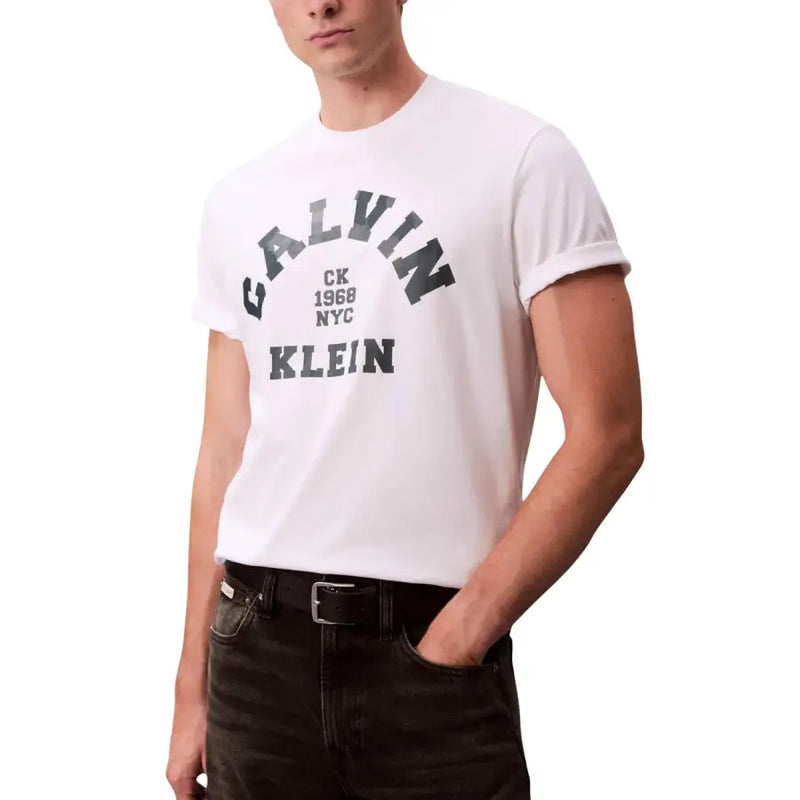 Calvin Klein Jeans men t shirt white cotton round neck featuring black arched calvin klein lettering and ck 1968 nyc text