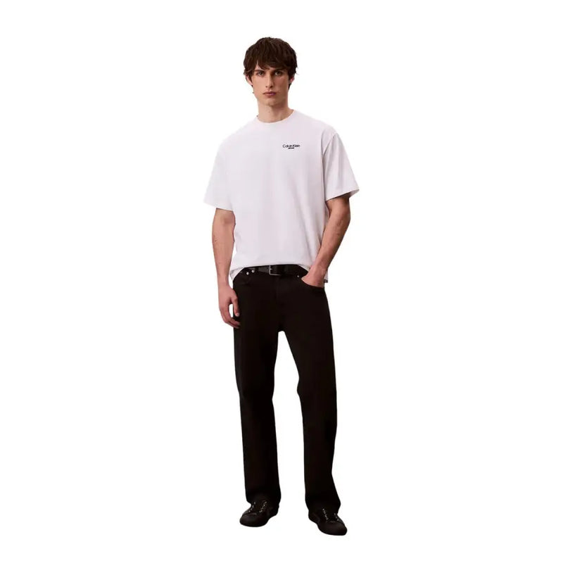 White cotton Calvin Klein Jeans men t shirt with small black logo on left chest for spring summer wear