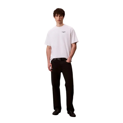 White cotton Calvin Klein Jeans men t shirt with small black logo on left chest for spring summer wear
