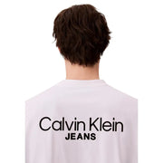White cotton calvin klein jeans men t shirt spring summer with black logo printed on the back side