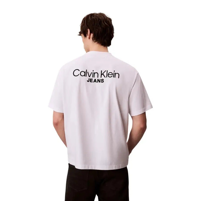 Calvin klein jeans men t shirt white cotton spring summer showing back with black logo printed