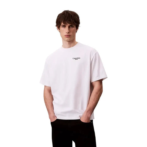 Calvin Klein Jeans men t shirt white cotton with small black logo on left chest for spring summer wear