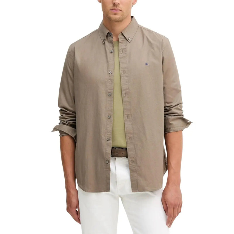 Calvin Klein Jeans men shirt beige button-down with subtle embroidered logo on chest in cotton blend fabric