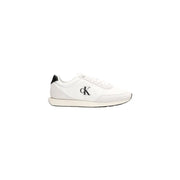Calvin Klein Jeans Baskets montantes blanches en polyester pour homme, à lacets, avec logo noir et languette au talon (vue de l'arrière).