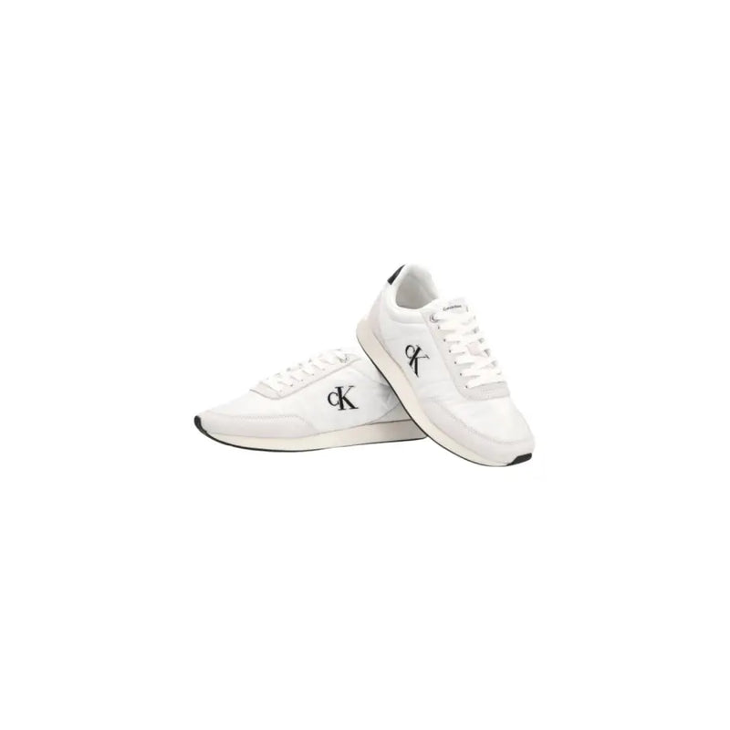 Calvin Klein Jeans Baskets montantes blanches en polyester pour homme, à lacets, avec logo noir et design minimaliste.