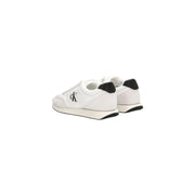 Calvin Klein Jeans Baskets montantes blanches en polyester pour homme, avec détails noirs au talon et sur la semelle, vues de l'arrière.