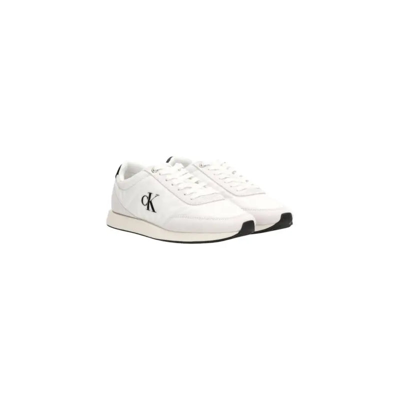 Calvin Klein Jeans Baskets montantes blanches en polyester pour homme, à lacets, avec logo et détails noirs, au design classique.