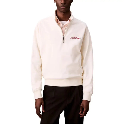 Calvin Klein Jeans Sweat-shirt blanc à demi-zip pour homme avec broderie rouge discrète sur tissu couleur crème