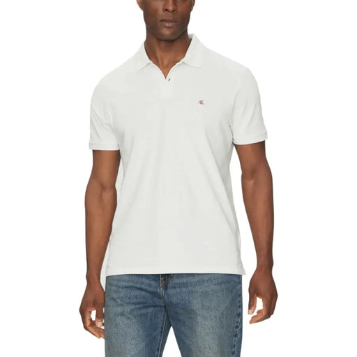 Calvin Klein Jeans white cotton polo shirt for men with subtle textured weave and small red embroidered logo