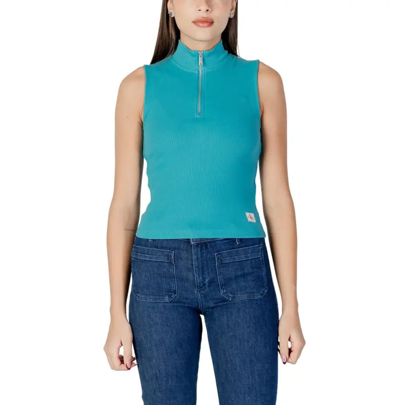 Calvin Klein Jeans Col roulé sans manches à demi-zip côtelé bleu sarcelle top