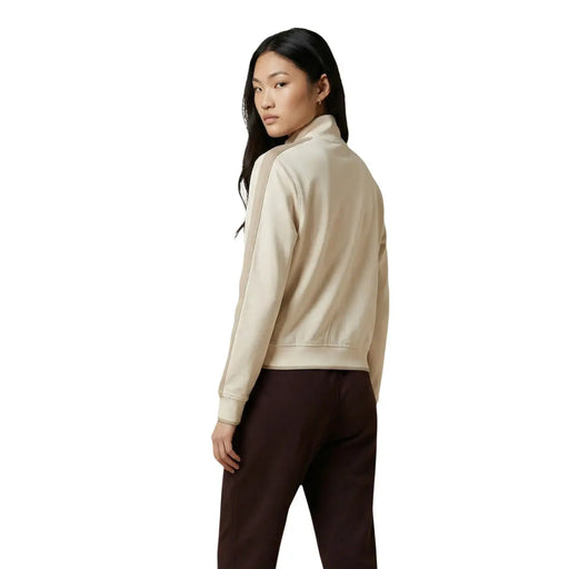 Blouson aviateur beige satiné avec empiècements latéraux marron foncé, confectionné dans un mélange de coton par Calvin Klein Jeans pour femme.