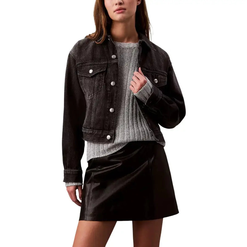 Calvin Klein Jeans Veste en jean noir délavé foncé pour femme, avec boutons argentés